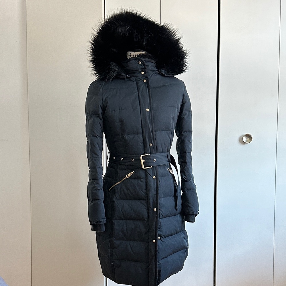 Zara Women's Navy Down Puffer Coat size Small with removable Faux Fur Hood